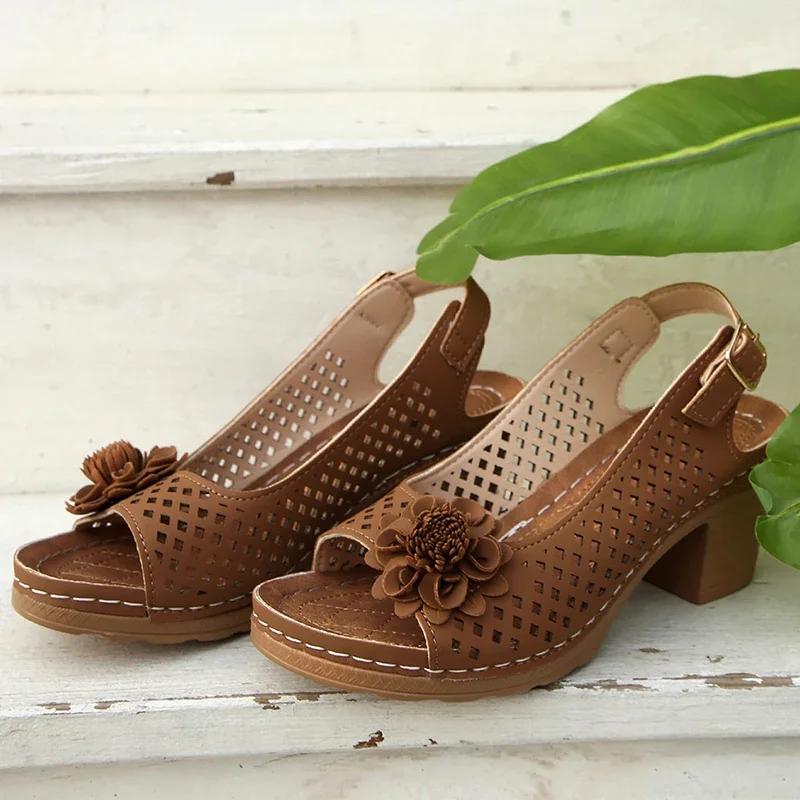 Fashion Summer Sandles for Women Fashion Flowers High Heels Sandals Women Back Strap Hollow Out   Plus Size Thick Heeled Sandalias Mujer