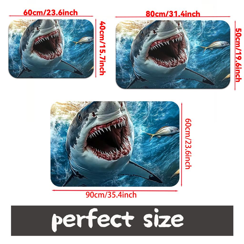 1pc 2D Flat Giant Shark Open Mouth Ocean Blue Flannel Door Mat Non Slip Sea Animal Rug For Entryway Kitchen Floor
