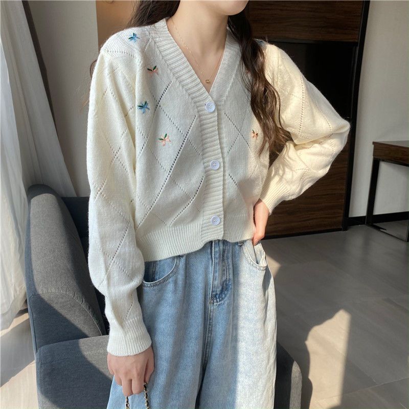 Short women's top spring thin hollowed-out cardigan gentle style loose V-neck knitted sweater summer