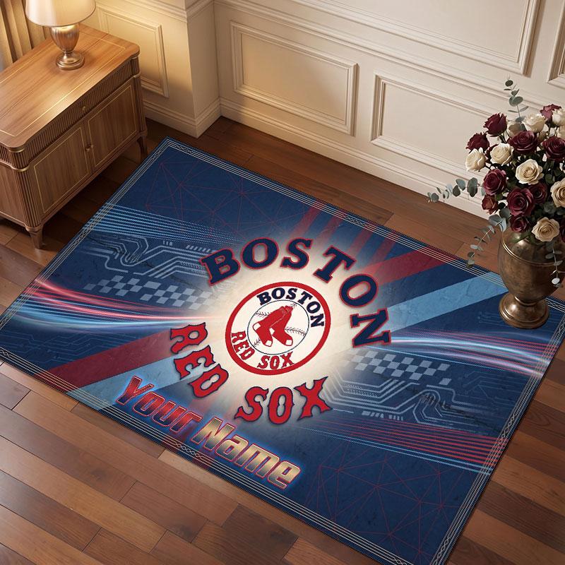 Boston Red Sox Personalized Crystal Velvet Carpet, Customized Name Text Soft Anti‑Slip Rug for Living Room Bedroom