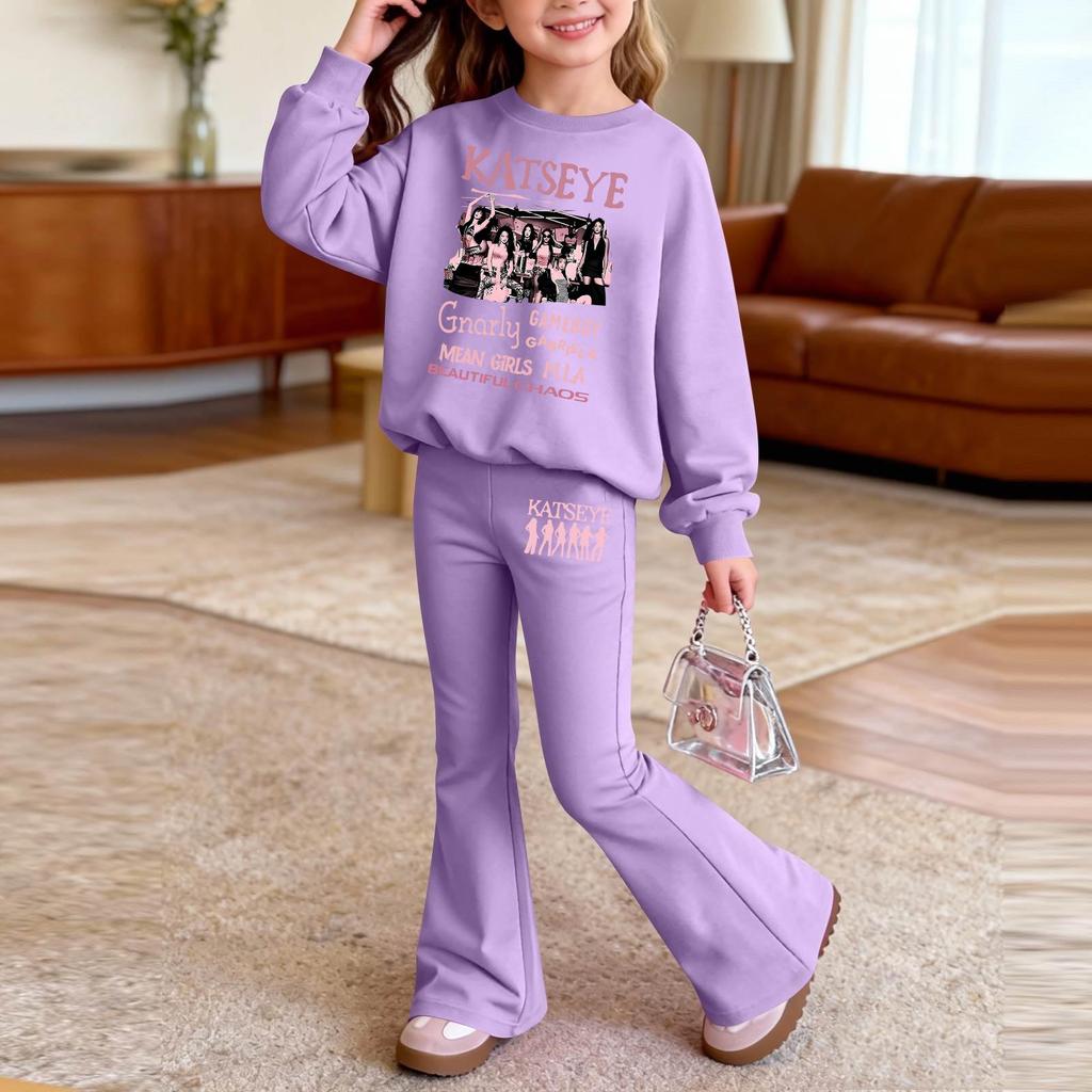 Kids Printed Long Sleeve Neck Top and Pants Set, Casual Loose Fit Outfit for Boys Girls