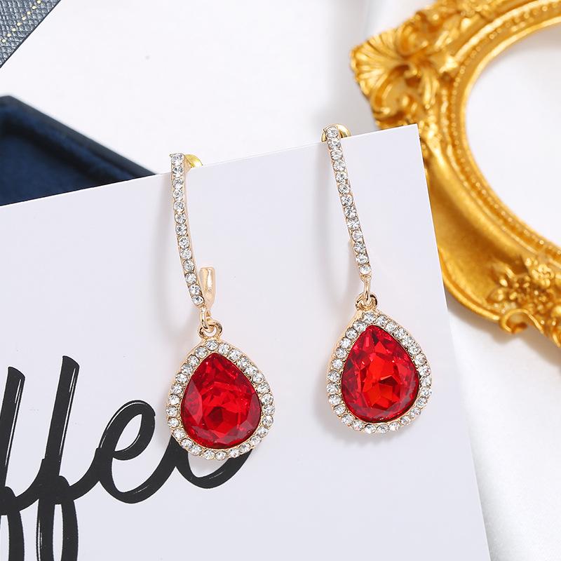 Ruby and Red Corundum Water Drop Earrings with Colored Sapphires and Diamond Studs in White Gold Plating