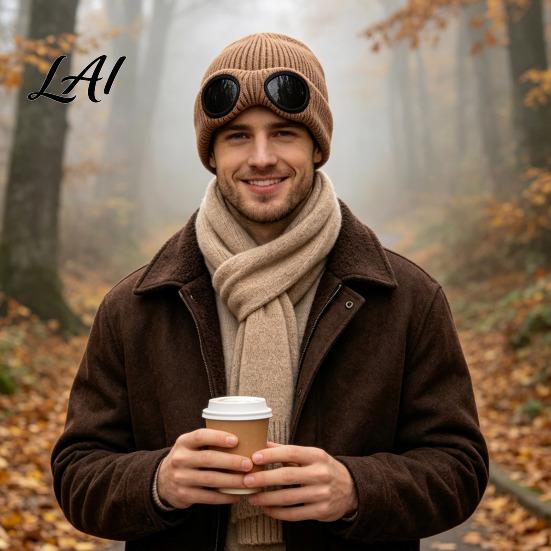 Fashionable Costume Hat for Parties 2Pcs Fleece Lined Hats with Goggles Warm Winter Knit Acrylic Hats Windproof Skiing Caps Men Women Cycling Hiking