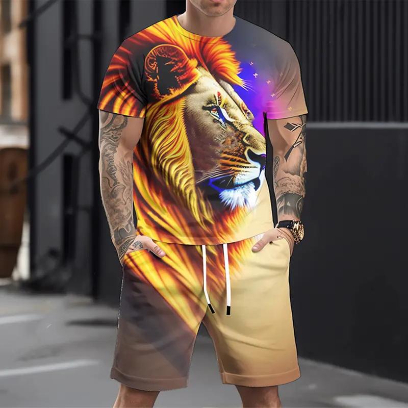 Men's Casual Sports Suit Printed 3D Fierce Wolf Pattern Oversized Loose Men's Top Y2K Style Suit Summer Casual Breathable Suit