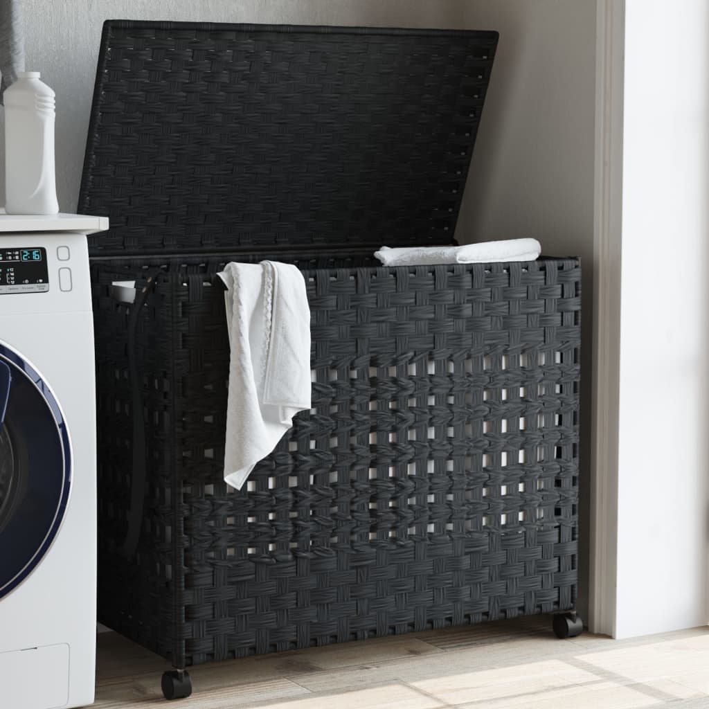 Laundry Basket with Wheels Black 66 x 35 x 60 cm Rattan