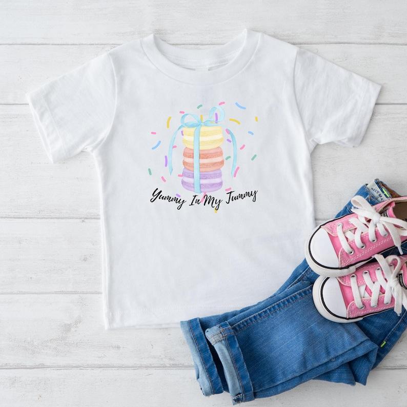 Yummy In My Tummy Kids T-shirt: Sweet Colorful French Macarons Baby & Toddler Design Shirt, Pastel Pastry, Just a Girl That Loves Macarons 150