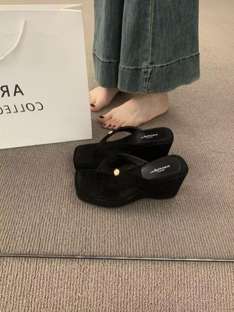 Fashion Fashion Square Clip Toe Platform Sandals Woman Chic Denim Wedge Flip Flops Ladies Summer Street Style Thick High Heel Slippers