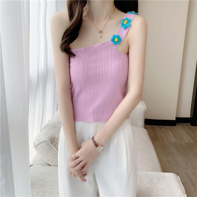 Single Shoulder Strap Slanted Shoulder Outer Wear Knitted Vest Suspender High Waist Exposed Navel Short Top Women's Summer