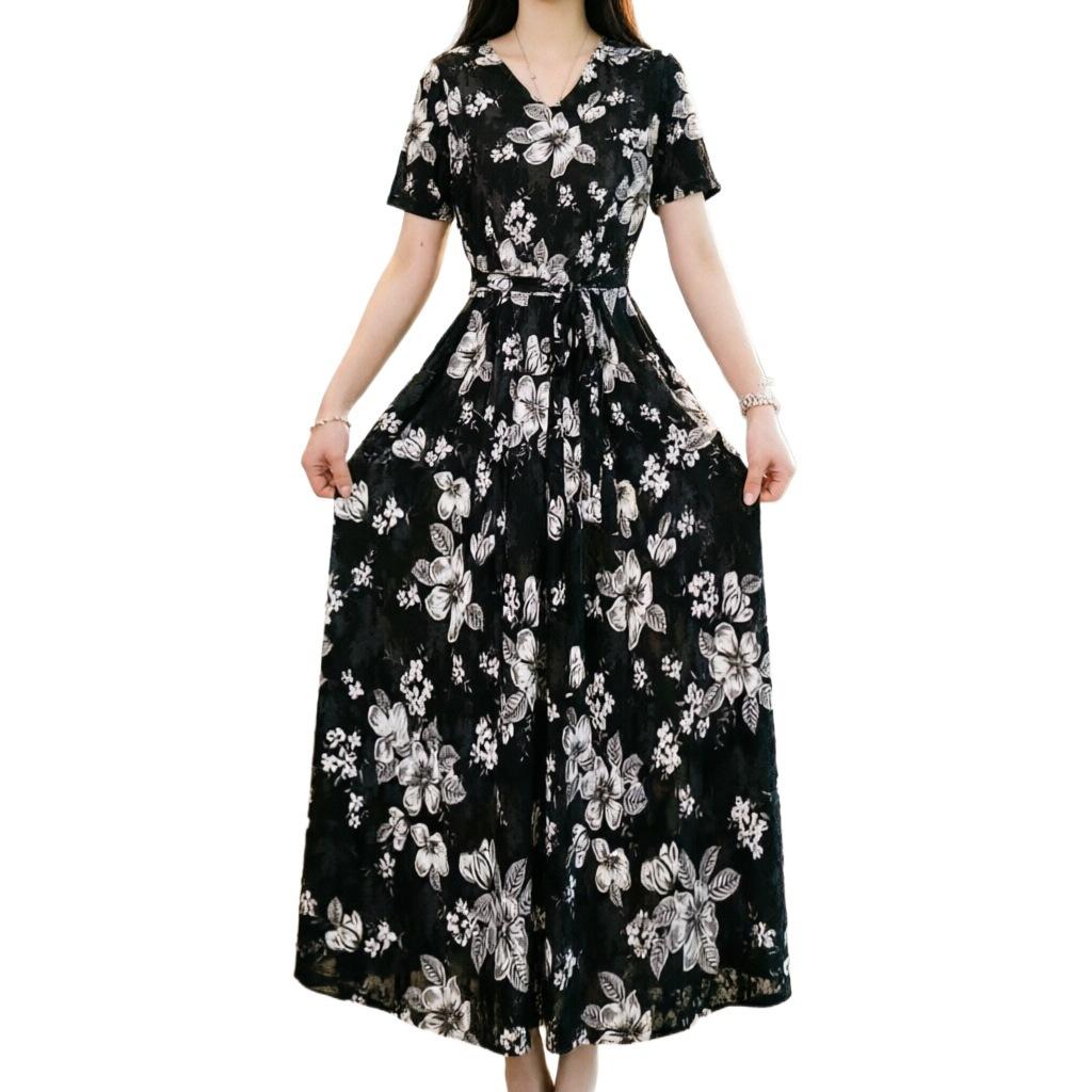 Summer New Short Sleeve Floral Dress Fashion Waist Skinny Skirt Temperament Mom Knee Long Dress