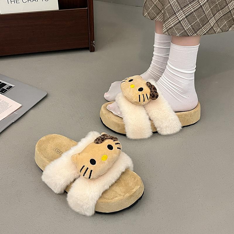 Dicke Sohlen Baumwollpantoffeln für draußen, niedliche Cartoon-Hausschuhe, warme flauschige Hausschuhe für Damen, neue Modelle Herbst und Winter 2025