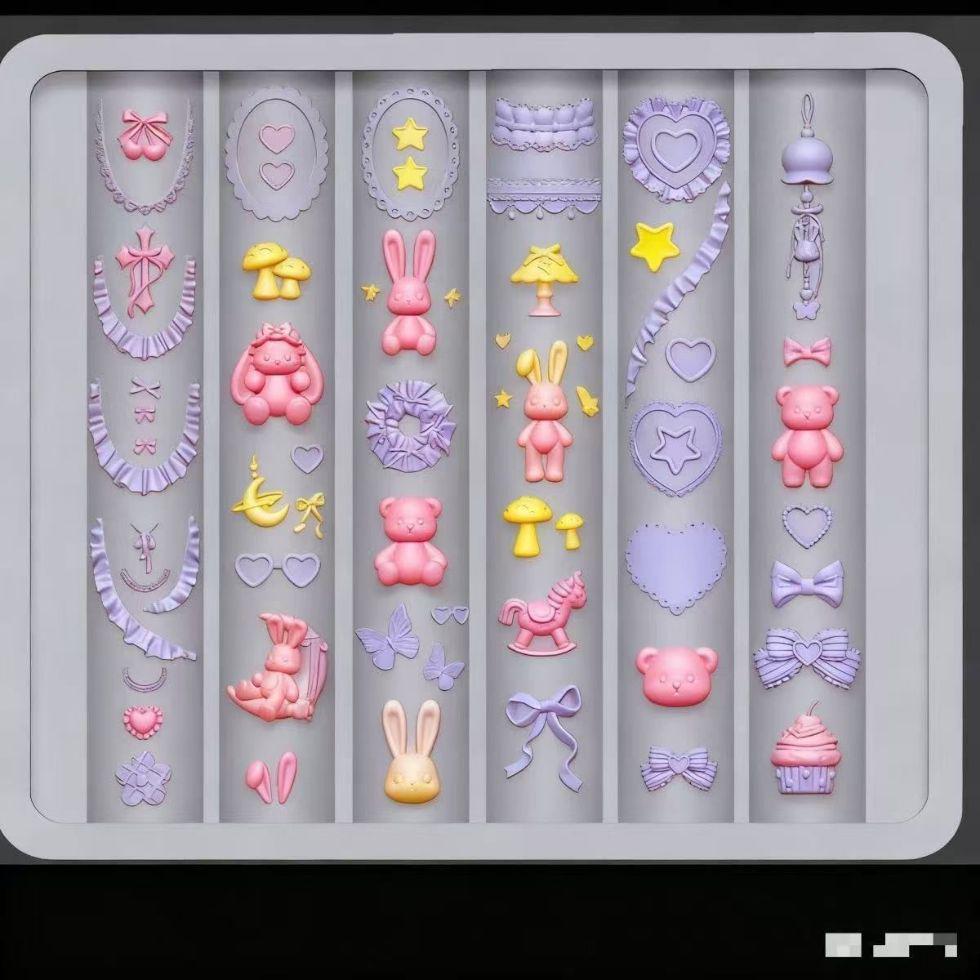 Good Night Series: Cartoon Silicone Nail Art Molds with Lace, Flowers & Rabbits, High Transparency