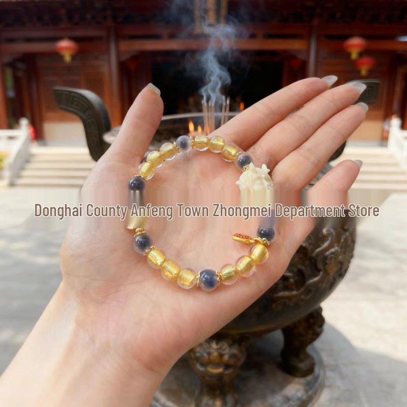 Gold Leaf Glazed Agate Luck Ring Bracelet - Little Dragon Fortune Bracelet with Temple Scenic Ornaments Handmade Beaded