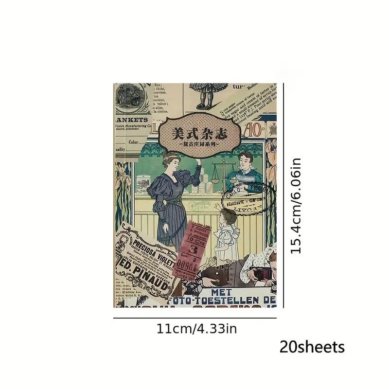 20 Listů Samolepková Kniha, Retro Materiál pro Deník, Samolepky pro DIY Dekoraci, Pro Junk Journal, Dekorativní Podkladové Potřeby, Umělecké Album
