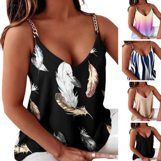 V-neck Bez rękawów Pasek z łańcuszkiem Kamizelka damska Sexy Tie-dye Print Loose Camisole Top Odzież damska
