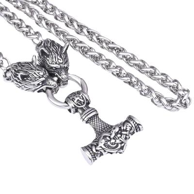 New Nordic Viking Stainless Steel Wolf Head Thor 'S Hammer Pendant Necklace Men 'S Jewelry