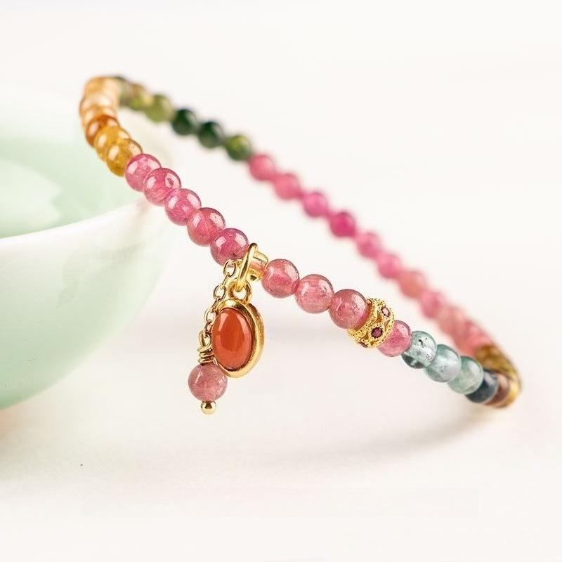 Rainbow Natural Stone Bracelet With South African Red Agate Pendant Vintage Elegant Women Wrist Fashion Accessories