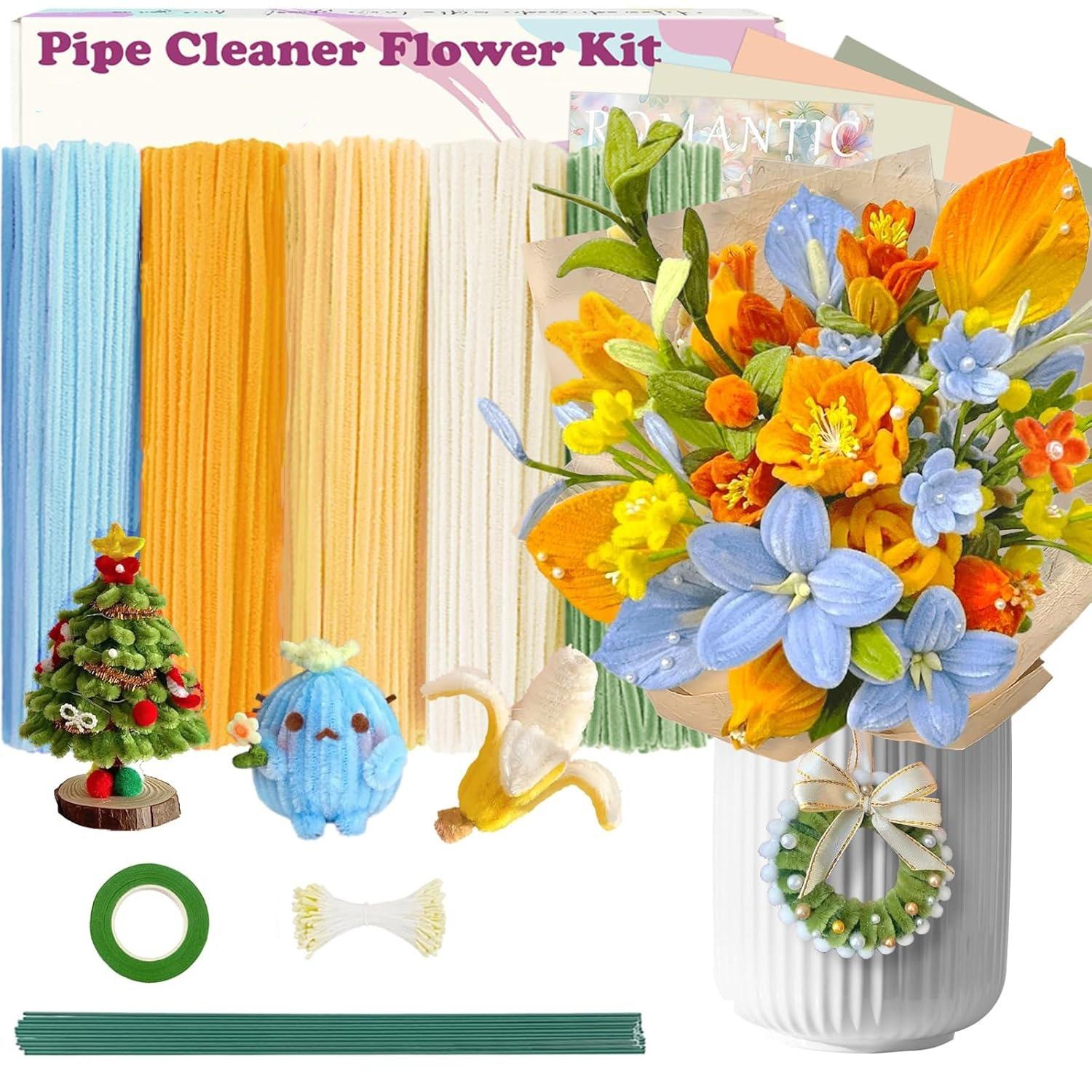 

5Assorted Coloful Pipe Cleaner, Chenille Stem for DIY Flower Making Kit with 20pcs Floral Stems,1pc Gardening Tape,150pcs Stamen