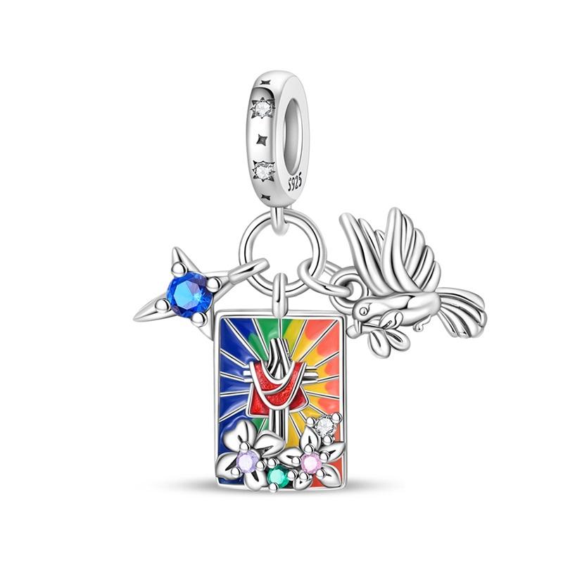 925 Silver Christian Charms Holy Bible Cross Virgin Mary Beaded Bracelet Jewelry Faith Slogan Gift for Religious Women