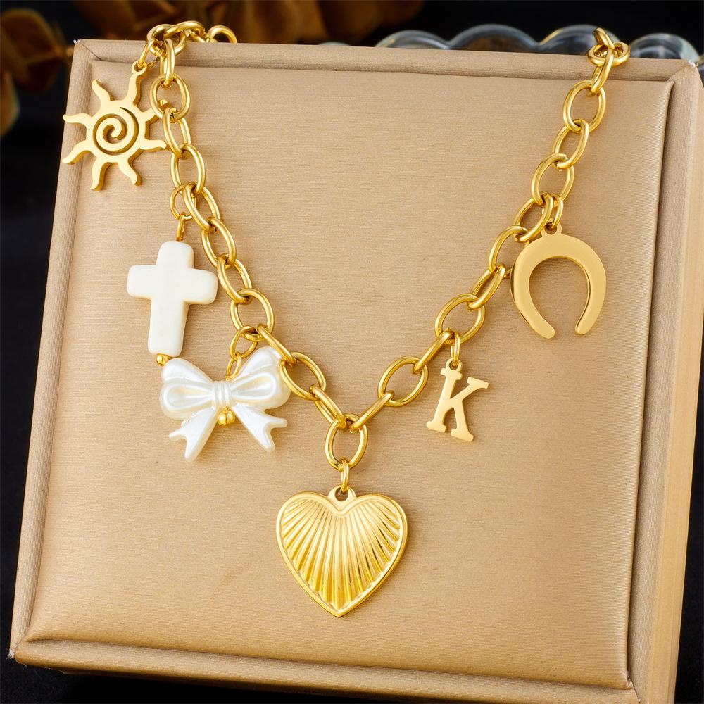 Vintage Multi Element Heart Bow Shell Cherry Cross Eye Chain Necklace