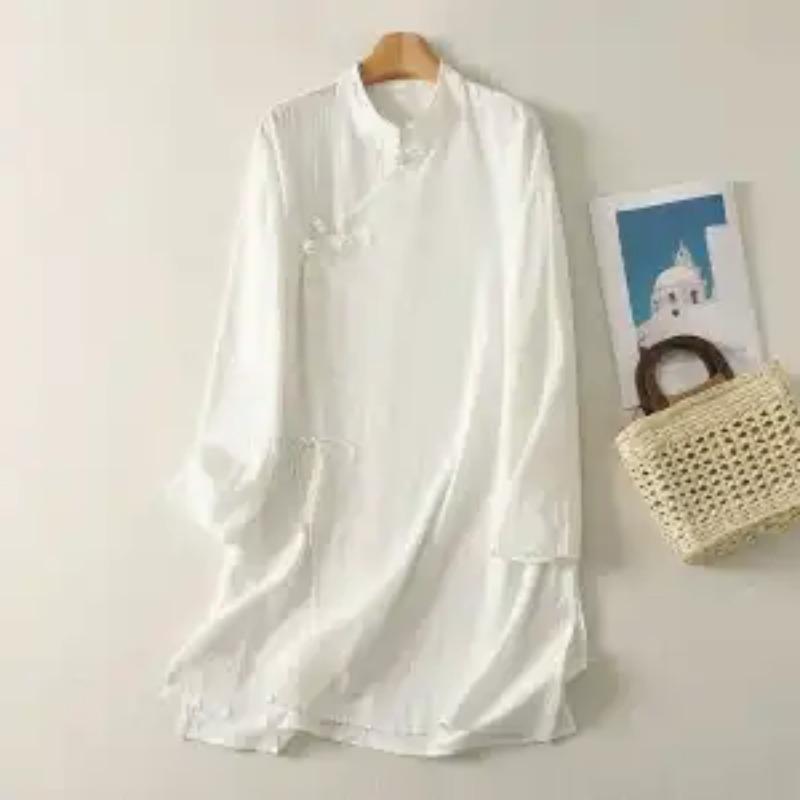 

Women s White Linen Blend Mandarin Collar Frog Button Long Sleeve Loose Fit Casual Tunic Shirt M белый
