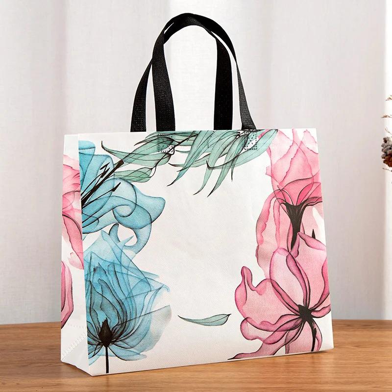 10PCS Rose Printing Packaging Shopping Bag Handle Waterproof Non Woven Fabric Gift Bags Black Clothing Store HandBag