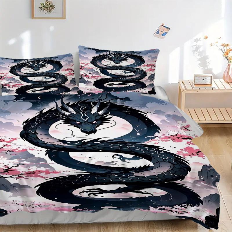 

3PCs Dragon, Cherry Blossom Design Cover Set, Breathable Fabric, Machine Washable (1 Duvet Cover + 2 Pillowcases) (Without Quilt) yy250911173 135x200cm