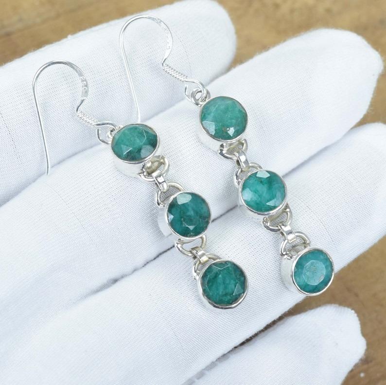 

Solid 925 Sterling Silver Dyed Emerald Round gemstone Dangler Earrings Women Jewelry Gift For her