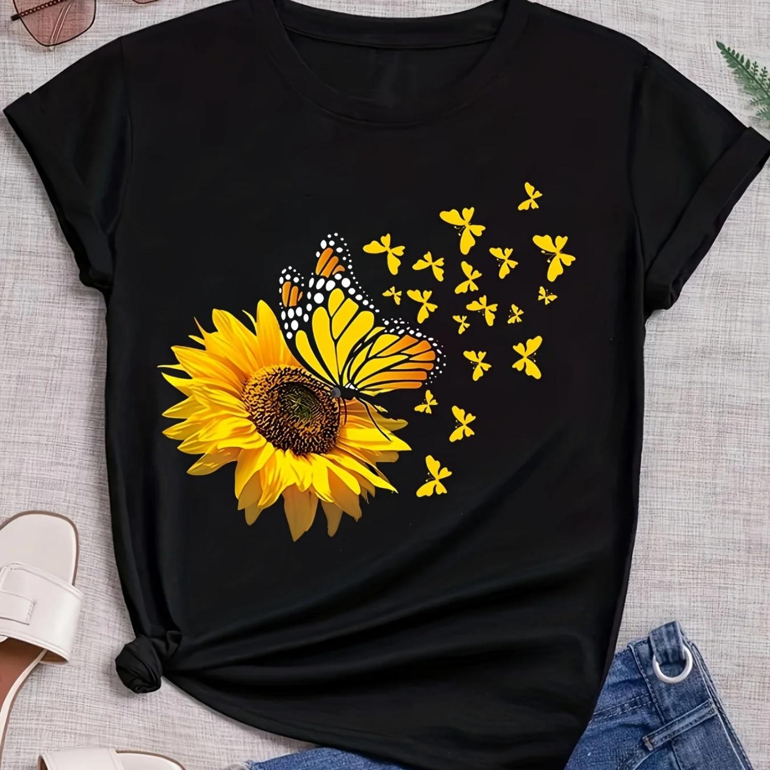 

S Floral & Butterfly Graphic T-Shirt Casual Crew Neck Short Sleeve Top Harajuku Short Sleeve Casual Aesthetic Clothes S чёрный