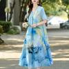 Women's Plus Size V-Neck Floral Long Dress – Short Sleeve Loose Fit Casual Dress with Pockets (Sizes XL-5XL)