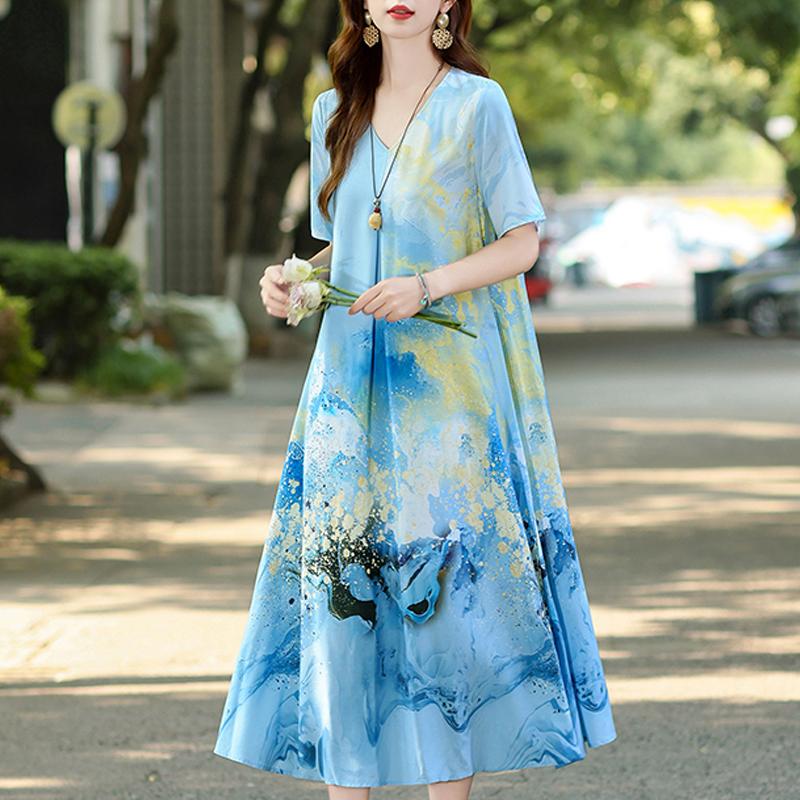 Women's Plus Size V-Neck Floral Long Dress – Short Sleeve Loose Fit Casual Dress with Pockets (Sizes XL-5XL)