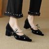 Fashion Japanese Style Lolita Block Heel Woman Pumps with Bow Medium Heels Chunky Pointed Toe Mary Jane Shoes for Women Gothic Pearl Y2k