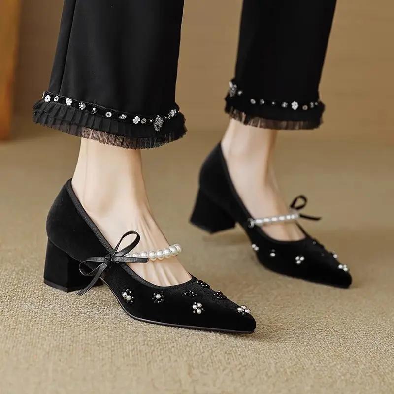 Fashion Japanese Style Lolita Block Heel Woman Pumps with Bow Medium Heels Chunky Pointed Toe Mary Jane Shoes for Women Gothic Pearl Y2k