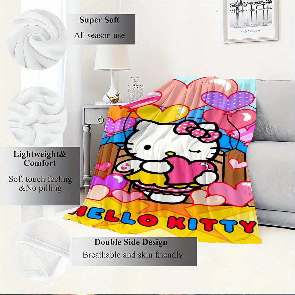For Hello Kitty, Hearts, CelebrationAnime-Themed Flannel Blanket, Glam Style, Digital Print, All-Season Comfort, Tear-Resistant, Knitted Cra