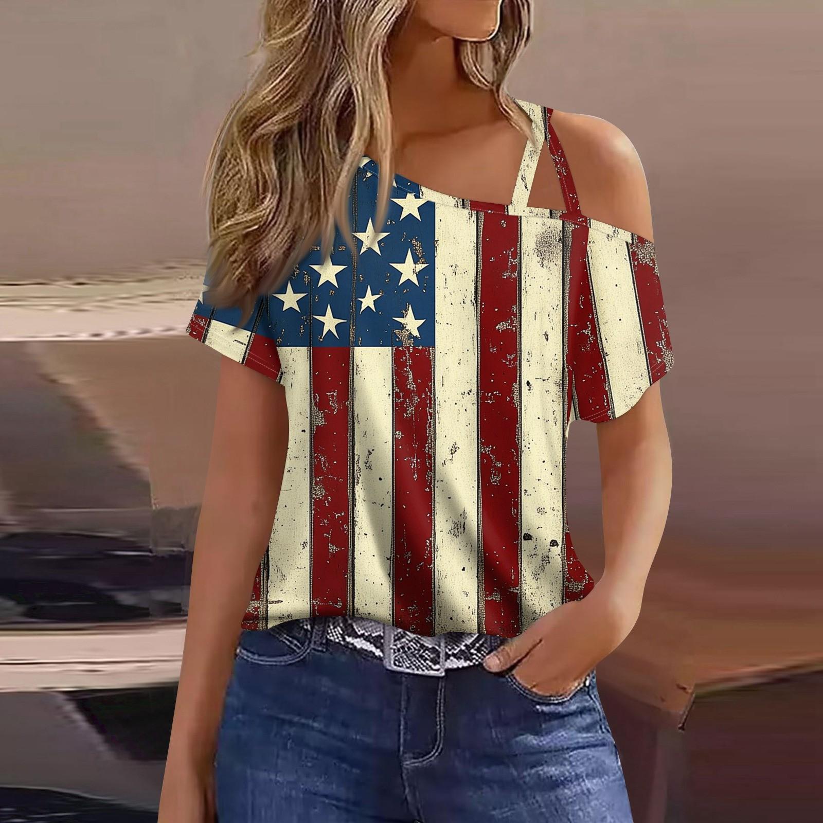 

Женская мода, повседневная футболка с принтом на День независимости, сексуальная футболка с короткими рукавами и открытыми плечами, топ XL винный