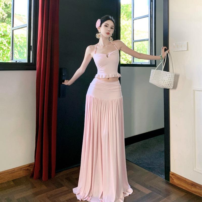 Sexy Seaside Vacation Suit Women's Summer Pink Beaded Neck Sling High Waist Skirt Two-piece Set