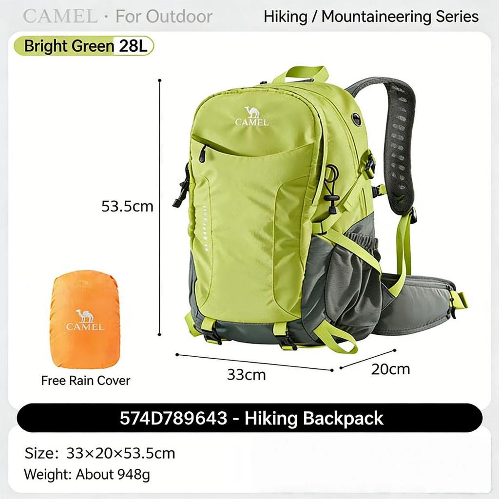 CAMEL Hiking Backpack, Trekking Waterproof Lightweight Backpack, 574D789643, Fruit Green Color, 33*20*53.5cm