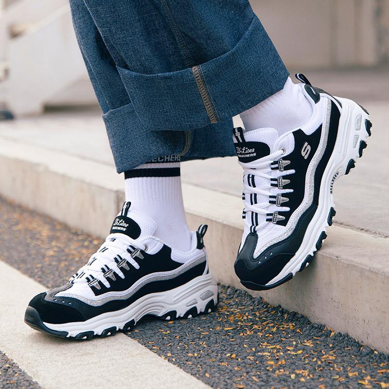 Skechers D'Lites Cushioning Lightweight Height Increasing Low top Chunky Sneakers Women's Black White (Unisex) Chunky Sneakers 11914 BKW
