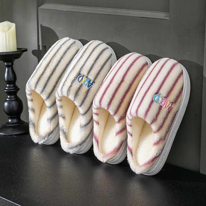 Simple striped cotton slippers couple autumn and winter 5 new indoor home warm fleece non-slip cute wool slippers