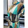 Women Geometric Print Dress V Neck Short Sleeve Waist Tie Casual Midi Dress Vacation Wear