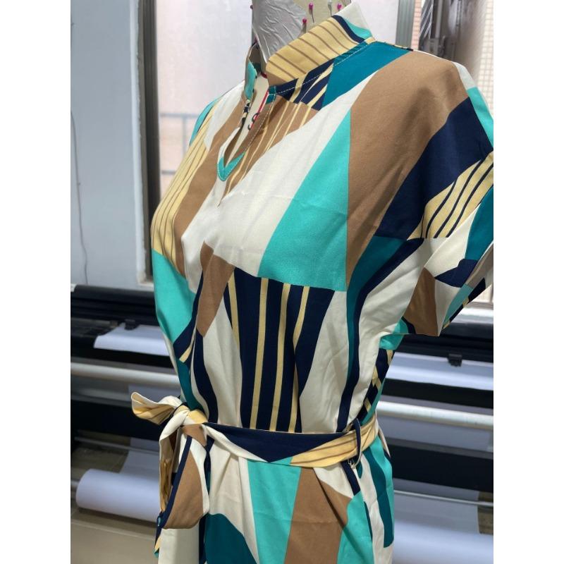 Women Geometric Print Dress V Neck Short Sleeve Waist Tie Casual Midi Dress Vacation Wear