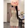 Spice girl retro sexy V-neck floral lace-up bow suspender dress summer pure desire waist hip skirt