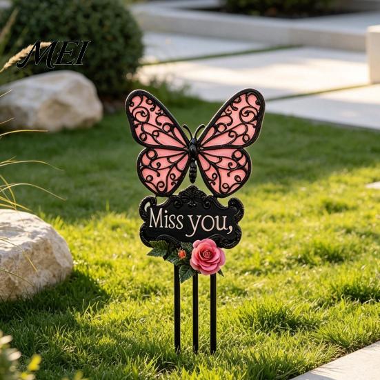 Outdoor Sympathy Gift Butterfly Memorial Garden Stake, Miss You Sign, Pink Acrylic Rose Decor Yard Art Stake for Lawn Courtyard Cemetery Decoration
