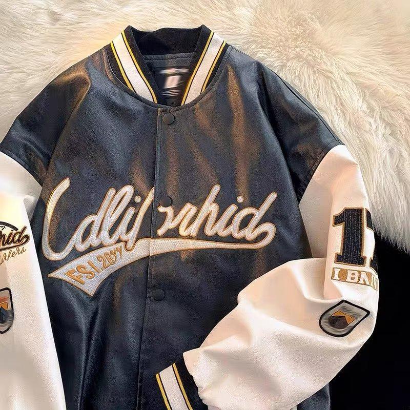 

Мужская куртка из искусственной кожи в стиле хип-хоп с вышивкой в стиле ретро — цветные блоки в бейсбольном стиле L чёрный