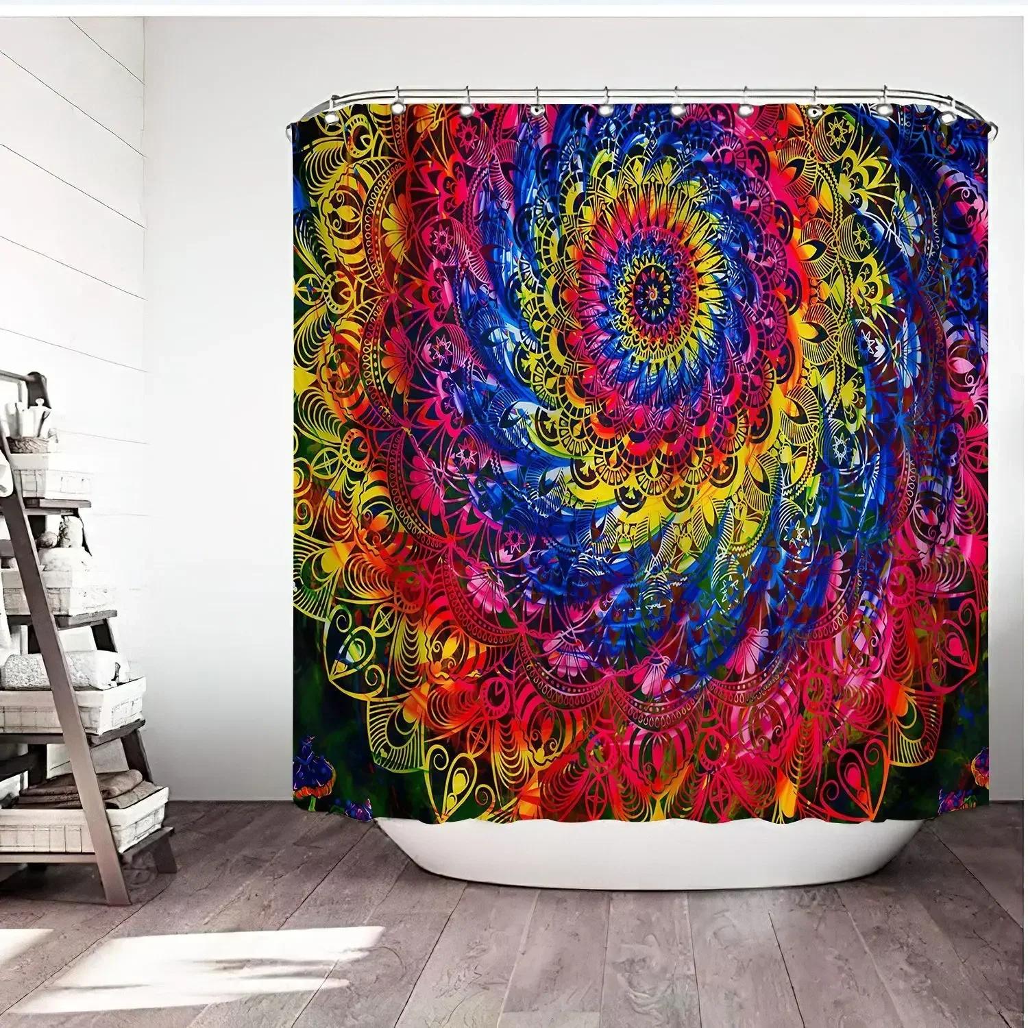 

Waterproof Shower Curtain Mandala Flower Printed Bath Curtain Polyester Fabric Geometric Home Bath Decor Curtains With 12 Hooks W60H190(CM)-1 Pcs