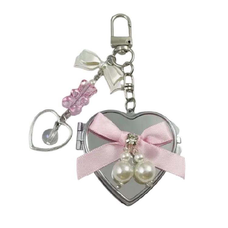 

Mirror Keychain Embellished with Colorful Bowknot and Heart Compact and Stylish Bag Pendant Ornament Ideal Gift Choice