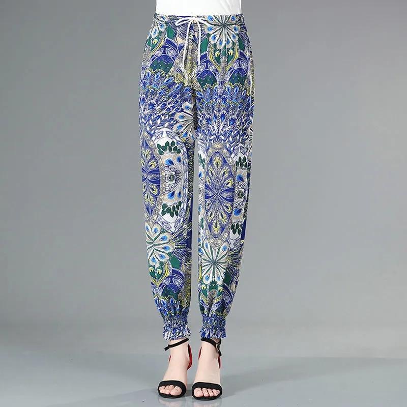 WTEMPO Mom Summer Thin Printed Ice Silk Pants Women Ealstic High Waist Large Size Casual Bloomers Trousers