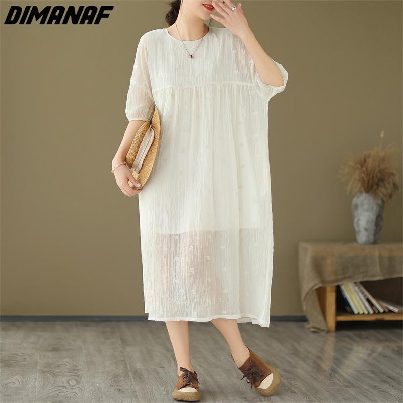 

DIMANAF 2023 Летнее платье-футболка больших размеров Женское хлопковое свободное платье Шифон А-силуэта Повседневные женские платья