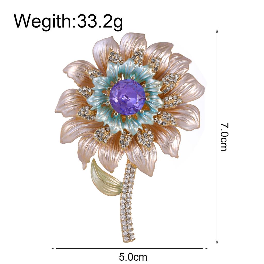 Metal Enamel Sunflower Brooch With Purple Crystal Rhinestone Corsage Pin Women Accessories