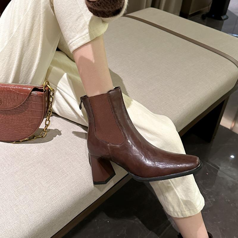 38-Vintage Martin Boots Women's Thick Heel Autumn Square Head Back Zipper Short Boots Women's Medium Heel Boots