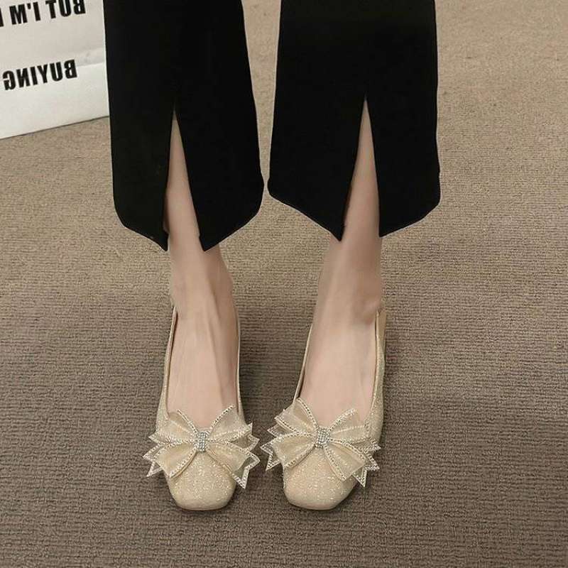 Square head bow single shoes women's shoes spring and summer 2025 new fairy versatile gentle bag head sandals